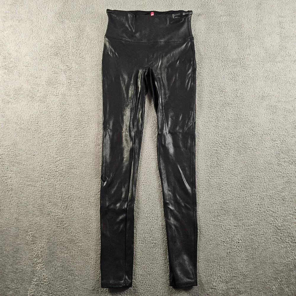 Spanx Faux Leather Leggings Womens Small Black High Waisted Shimmer 20241R